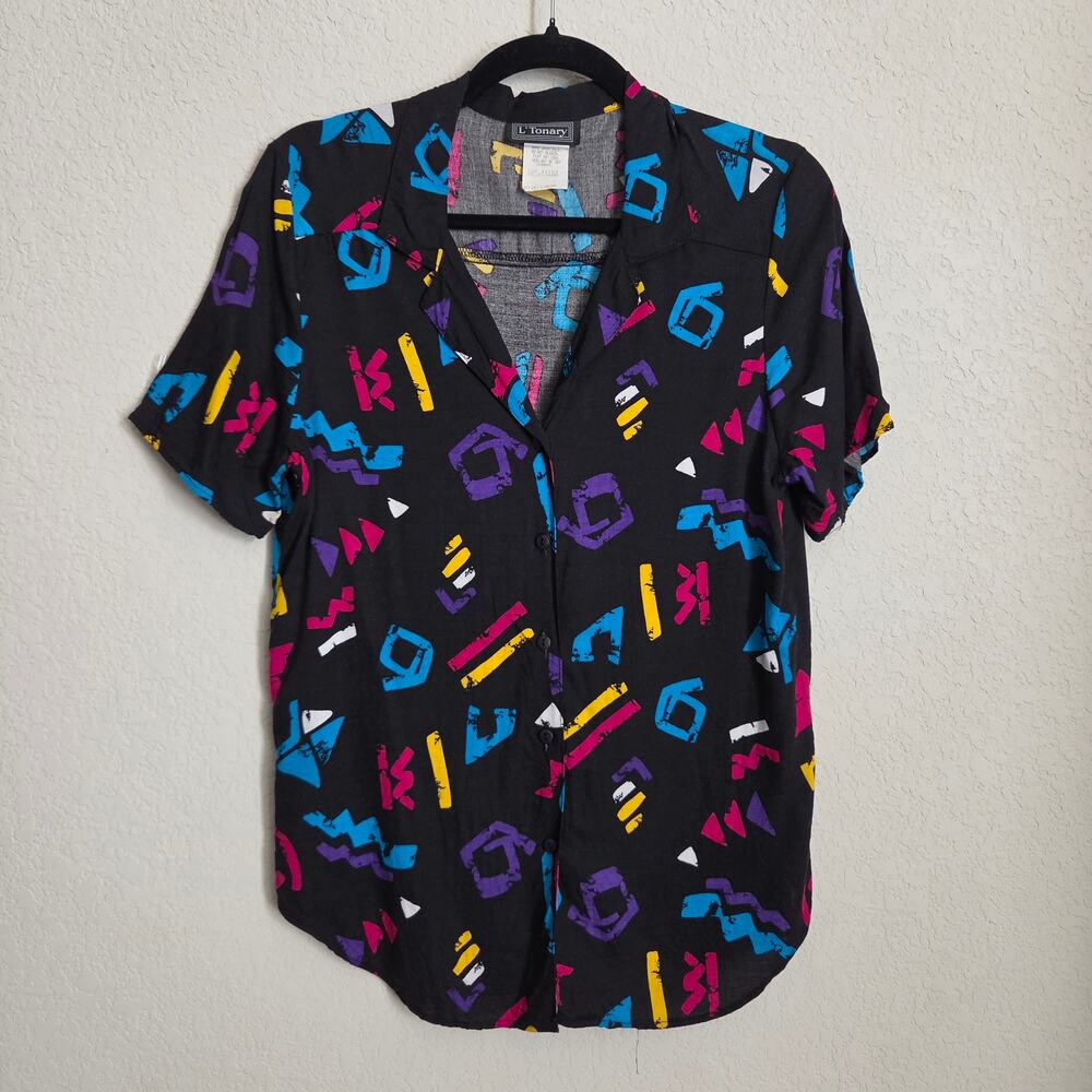 L'Tonary 80s 90s Memphis Milano Shirt Womens S Casual Black Retro Colorful